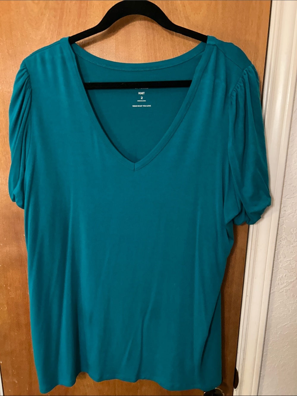 Women’s Knit Teal V-Neck Puff Sleeve Top. 2X